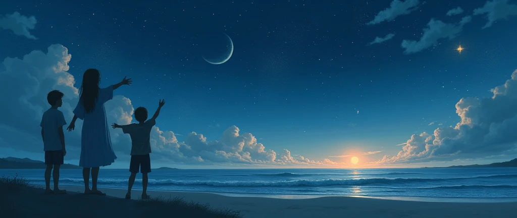 The night sky is vast, the moon and stars are out of reach.
The waves are calm, but the wind blows gently, giving a sense of loneliness.
The characters reach out to the sky, as if trying to reach for something that no longer exists.