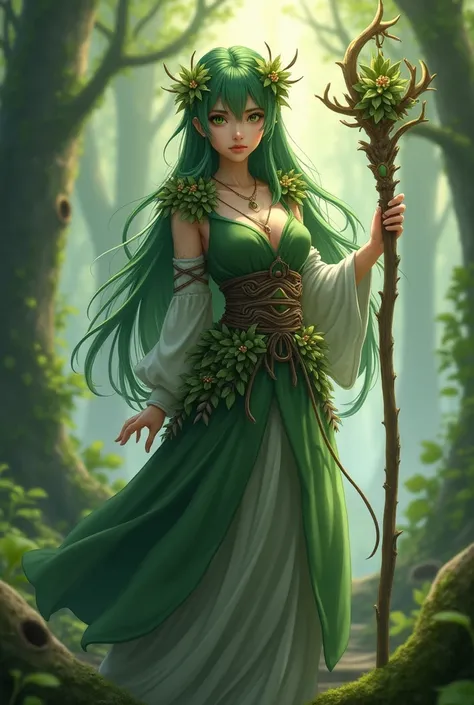  "4K anime style quality, digital drawing mode, Magical forest-themed anime female character, long moss-green hair adorned with barks, deep forest-green eyes, wearing a gown made of leaves and bark, holding a wooden staff , Blur the background to create a ...