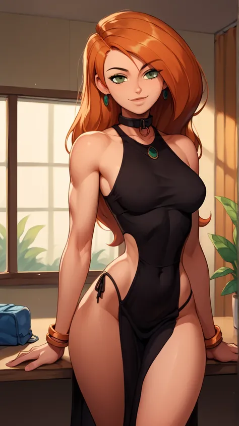 1girl,Alone,Woman in a player's room , closed mouth , 1 girl,  long hair, breasts, seductive smile ,  wry smile,wearing a  slavakini , watching the observer, slavakini ,  pelvic curtain , collar, bracelet ,kim possible,