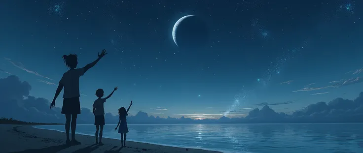 The night sky is vast, the moon and stars are out of reach.
The waves are calm, but the wind blows gently, giving a sense of loneliness.
The characters reach out to the sky, as if trying to reach for something that no longer exists.