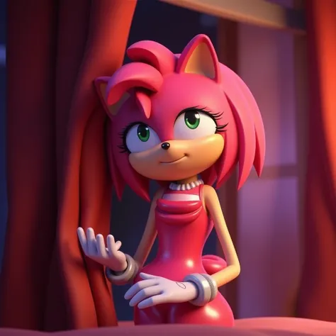 Only Amy Rose  ( from Sonic the Hedgehog )  in a cartoonish 3D Pixar style.  Amy Rose adjusts the curtains while speaking with a calming expression. Her figure is slightly taller and thinner ,  with more defined facial features that suggest maturity . Her ...