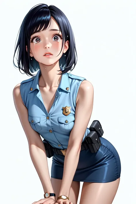  Japanese beautiful girl ,(It's 1 :2.0),( Watch Viewers :1.0),(sleeveless collared police shirt:1.1),( police officer micro mini skirt standing in a natural pose:1.1),( slender body:1.2),(Surprised:1.0),real skin ,small breasts,  Shiny Black Hair, Super De...