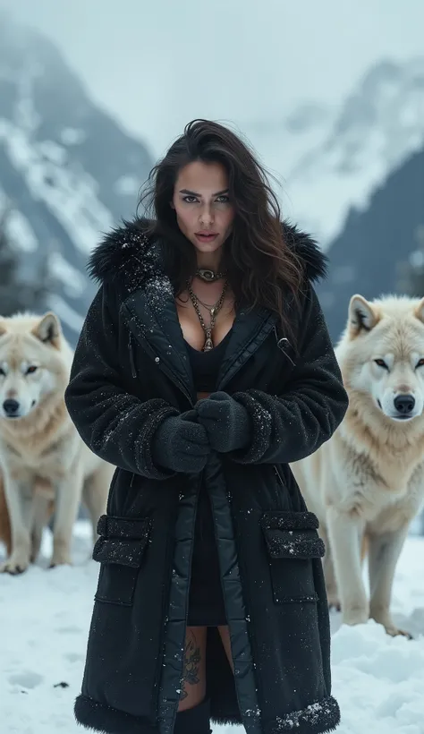 a sexy, dirty, strong, muscular, athletic woman, in a black fur coat closed in front, tattooed, with a serious, piercing and sexy look, with her head slightly lowered, but looking sexy forward, in the snow surrounded by angry white wolves, snowy background...