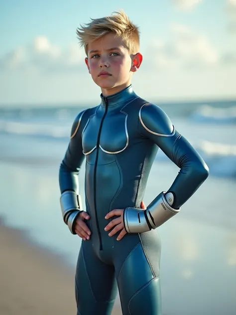  A young age boy , about s, is standing on a beach ,  he places his hands on the side of his waist in a confident pose. your hair is blonde, your eyes color blue ,  wearing a tight, full-length, metallic blue tights , volume in his crotch . He has a slight...