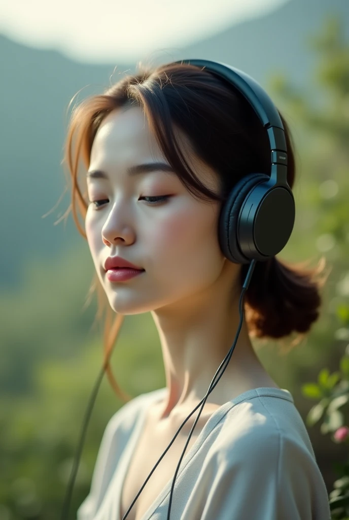 Headphone girl with relax blur background 16:9 size