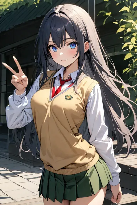  Masterpiece, top quality, in ultra high quality, super detailed, so beautiful,sexy, 18 years old,  1 girl,navy hair, long hair,blue eyes,smile, school uniform,green skirt,Pleats mini skirt, medium breasts,Slim Body,red ribbon tie , yellow sweater vest, wh...