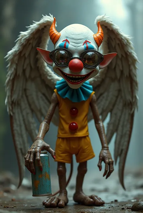 A clown demon with angel wings and sunglasses with a spray in his hand