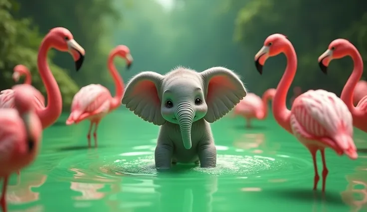 a baby elephant with pink flamingos in a lake of green Jello 