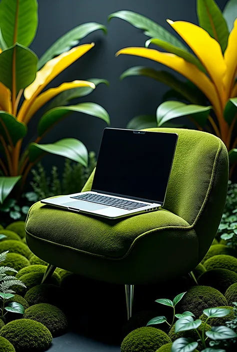 a professional photo of a notebook computer on top of an elegant glass chair, in the background a botanical garden with other notebook computers, around the notebook leaves growing, yellow foliage, composition, photography, studio, Surrounding the monitors...