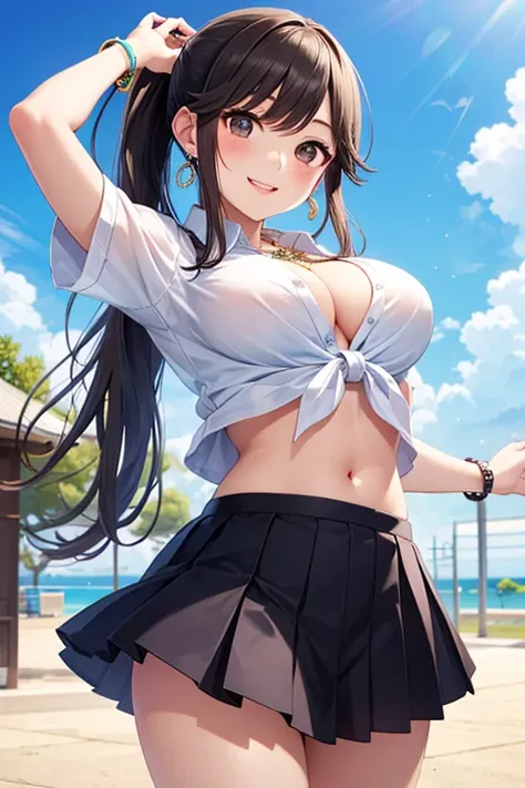 Takane Manaka, shiny brown long hair, ponytail with white ribbon, beautiful brown eyes, smiling face, sparkling pupils, (fine grain), highly detailed eyes, highly detailed face, highly detailed eyes,, (masterpiece:1.2, best quality), 1 girl, cowboy shot,, ...