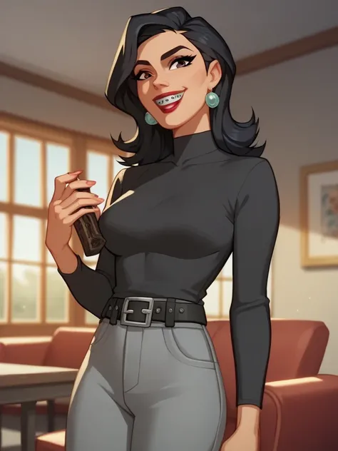  score _9,  score _8_arriba,  score _7_arriba, 1 girl, Alone ,  lipstick ,  Black hair,  black eyes, piel oscura,  black shirt,  Gray Pants, braces,  belt,  cartoon _ screenshot, Renee Montoya  (CD),  looking at the spectator, Smile with white teeth ,  ind...