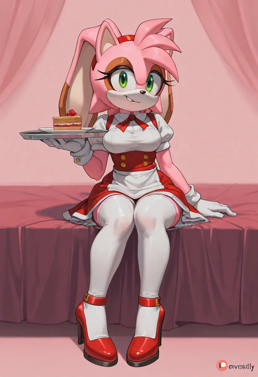 Vanilla The Rabbit, a drawing of a cartoon character sitting on the printer's roll tray, 1girl, solo, pink hair, furry female, green eyes, thighhighs, furry, animal ears, sitting, high heels,evnstnly,amy_rose, furry female, furry, red hairband, 