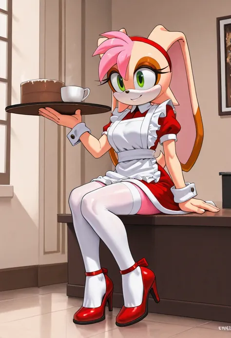 Vanilla The Rabbit, a drawing of a cartoon character sitting on the printer's roll tray, 1girl, solo, pink hair, furry female, green eyes, thighhighs, furry, animal ears, sitting, high heels,evnstnly,amy_rose, furry female, furry, red hairband, 