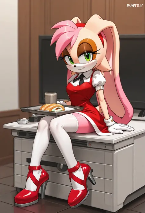 Vanilla The Rabbit, a drawing of a cartoon character sitting on the printer's roll tray, 1girl, solo, pink hair, furry female, green eyes, thighhighs, furry, animal ears, sitting, high heels,evnstnly,amy_rose, furry female, furry, red hairband, 