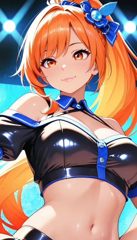  Virtual Idol,  Women with Impressive Beautiful Eyes :1.2,  beautiful eye for detail, Beautiful Detailed Lips ,  very detailed eyes and face,  long eyelashes, ((( orange hair,  High Position Super Long Ponytail , blue hair accessory :1.4,  orange eyes, ( c...