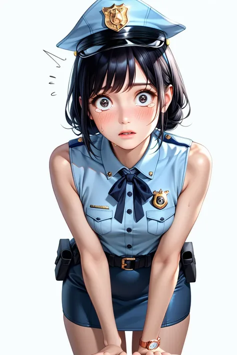  Japanese beautiful girl ,(It's 1 :2.0),( Watch Viewers :1.0),(sleeveless collared police shirt:1.1),( police officer micro mini skirt standing in a natural pose:1.1),( slender body:1.2),(Surprised:1.0),real skin ,small breasts,  Shiny Black Hair, Super De...