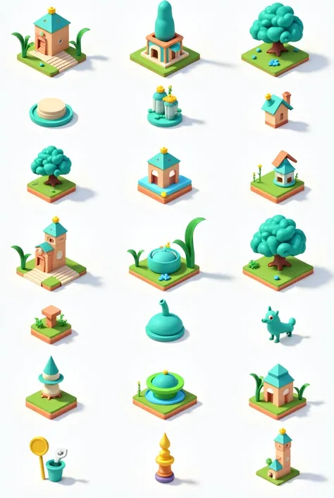 An tileset for a android game 3d , high quality and object clean and every piece in the tileset should be separated, transparent background, vibrant