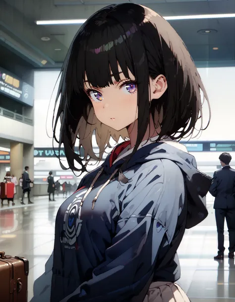 Takiuchikami, check it out, long short hair , bob cut, bangs, black hair, purple eyes,Medium breast,Blue oversized hoodie , white long skirt, Bbo~, suitcases, standing,whole bodyがイラストに入る入るように,
break indoors,airport,lobby,
break looking at viewer,whole...