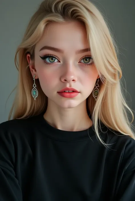 beautiful blonde who has green/Gray eyes in a black sweatshirt and earrings her hair tends to be straight that are up to the chest