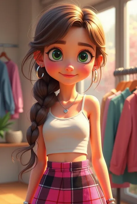 Create an image of a girl in an animated style with bright and expressive facial features. She should have large, green eyes with long eyelashes that give her a dreamy and friendly look. Her hair is light brown, styled in a high braid that falls over her s...