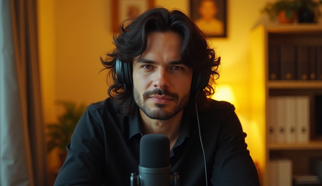 high quality, 8K Ultra HD, an attractive man looking like henry cavill with a black microphone in front of him, front view, formal long sleeve black shirt, medium black wavy hair, in a cozy yellowish light office environment with headphones in a podcast. N...