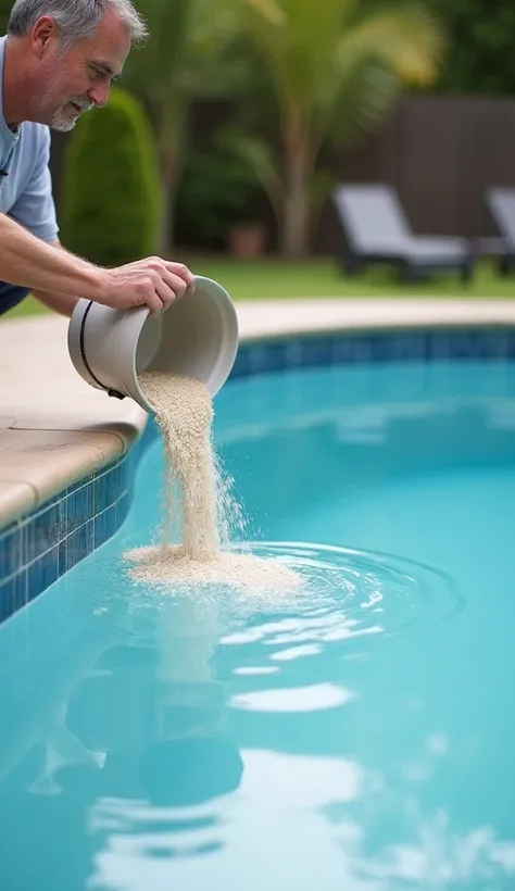  Person replenishing a pool filter with new, clean sand, using a bucket .  The filter is modern and well maintained .  The environment in the image is a backyard with a pool in the background ,  demonstrating a professional maintenance process .