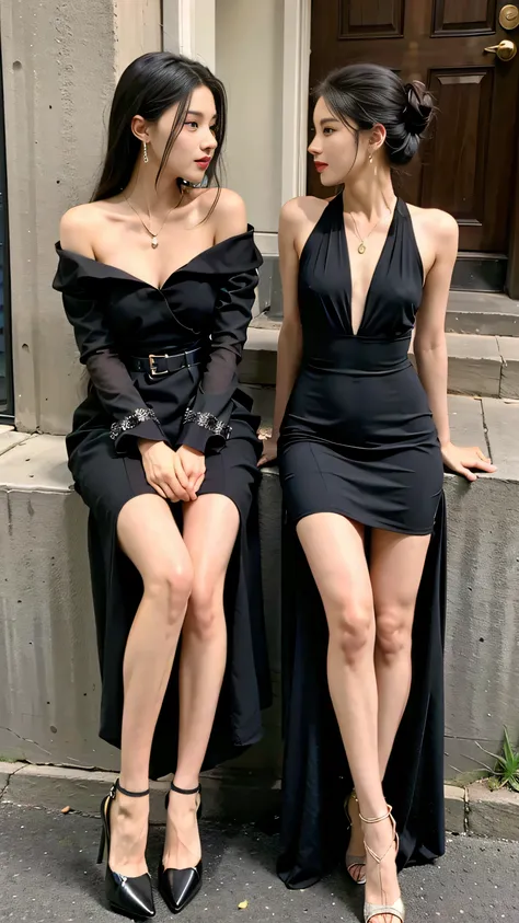 Alavi sits on the steps ， legs crossed ， legs crossed , Sexy dress, She is wearing a BLACK DRESS, Open v-neck dress ,  BLACK DRESS, Full body fairy,  open dress ，Standard chest, light half  open dress , Wear black dress, shaxi, , tumblr,  revealing fashion...