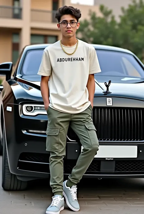 A boy 18-22 year old was standing b/w luxury 
rolls- Royce car and the logo of rolls-royce was should see and he was sitting on the bumper and he wear cargo pant and lose shirt and he wear a golden chain 
and on shirt "ABDURREHMAN" name was 
write the shir...