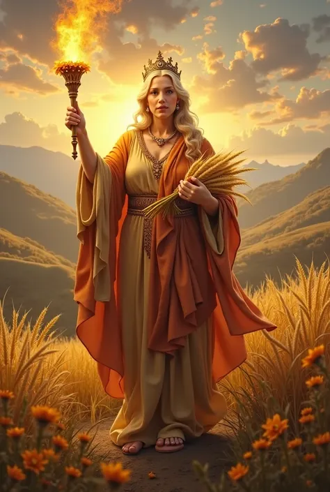 a young mother, often wearing a crown and bearing sheafs of wheat or a cornucopia, and a torch.