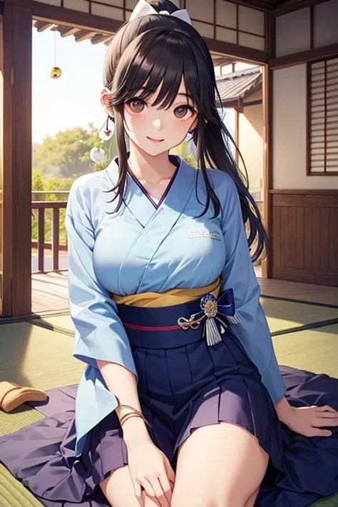 Takane Manaka, shiny brown long hair, ponytail with white ribbon, beautiful brown eyes, smiling face, sparkling pupils, (fine grain), highly detailed eyes, highly detailed face, highly detailed eyes,, (masterpiece:1.2, best quality), 1 girl, cowboy shot,, ...