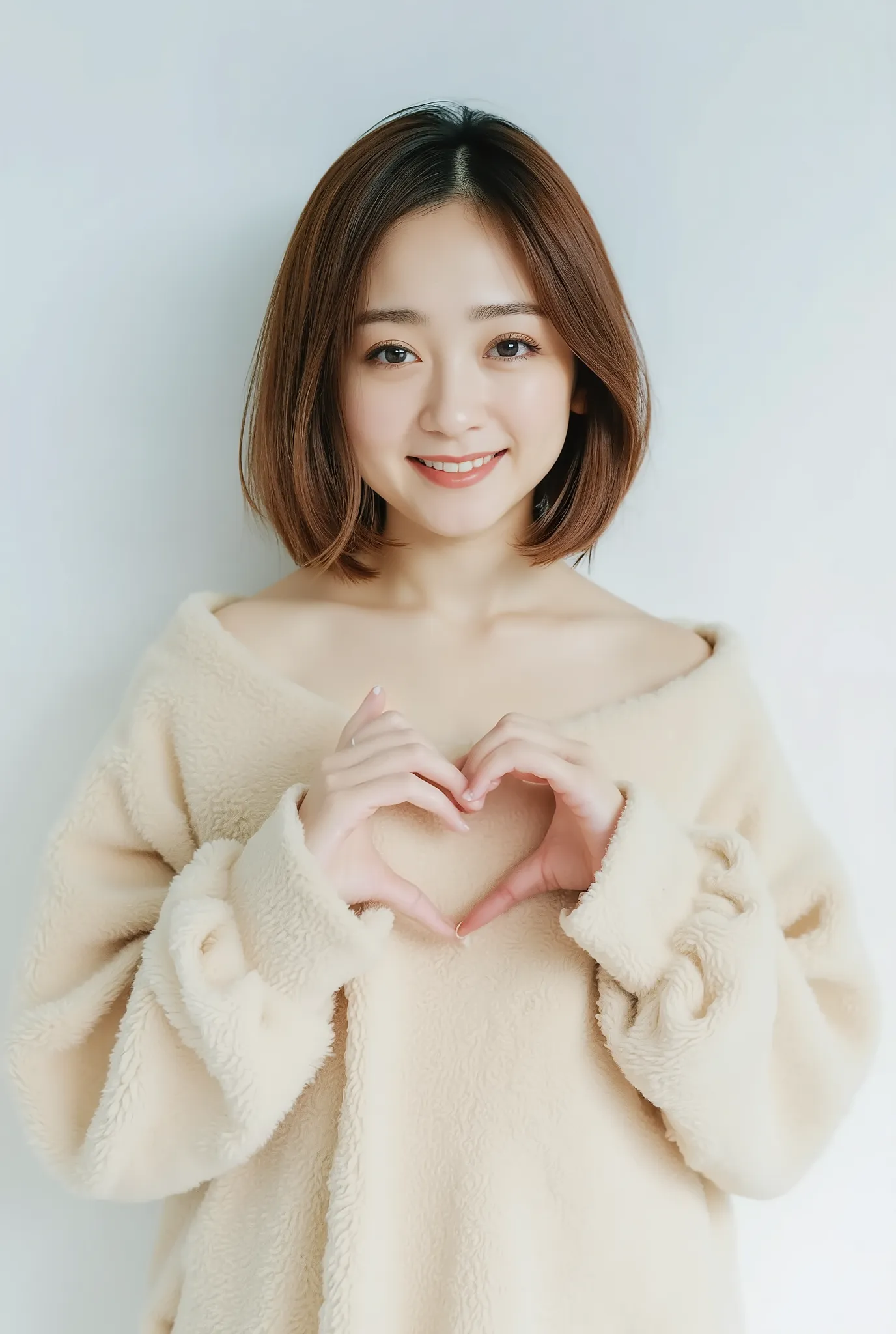  A woman with a cute smile is cute,  fluffy off shoulder pajamas,  make a big heart with both hands ,  posing with arms in front of the chest, View above the collarbone、  has a monotone background  

