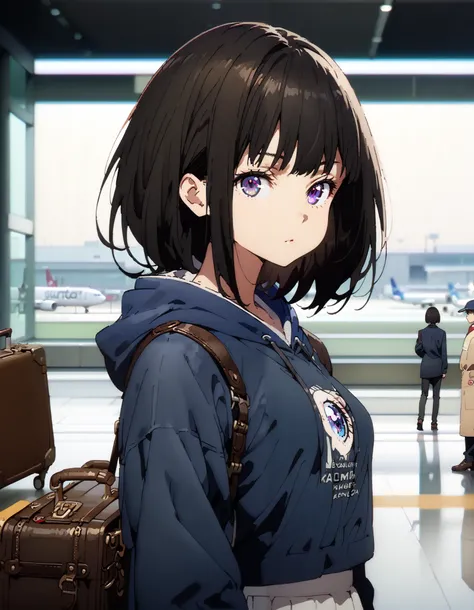 Takiuchikami, check it out, long short hair , bob cut, bangs, black hair, purple eyes,Medium breast,Blue oversized hoodie , white long skirt, Bbo~, suitcases, standing,whole bodyがイラストに入る入るように,
break indoors,airport,lobby,
break looking at viewer,whole...