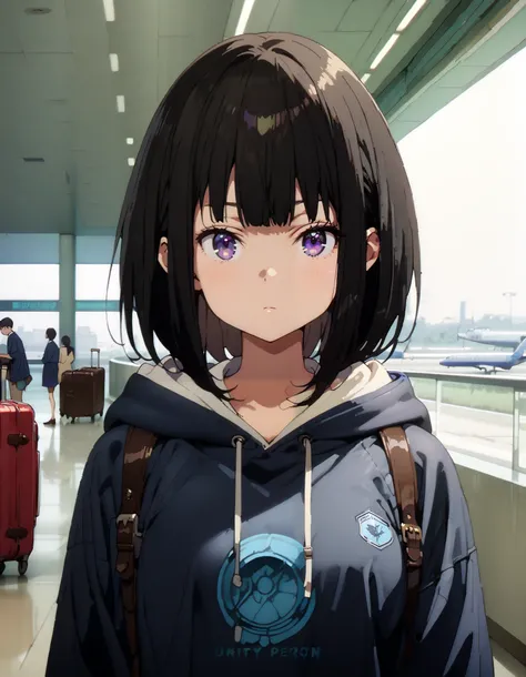 Takiuchikami, check it out, long short hair , bob cut, bangs, black hair, purple eyes,Medium breast,Blue oversized hoodie , white long skirt, Bbo~, suitcases, standing,whole bodyがイラストに入る入るように,
break indoors,airport,lobby,
break looking at viewer,whole...