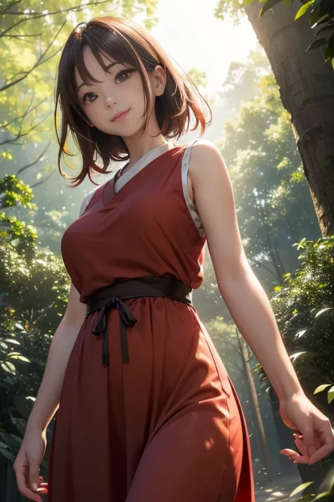 (8k, RAW photo, photorealistic, HQ, masterpiece), a cute Japanese woman, (glowing eyes), from below, 
(smile), brown hair, (A casual sleeveless long dress in a vibrant red color:1.2), large breasts, (Cafe in the forest),
blurred background, depth of field,...