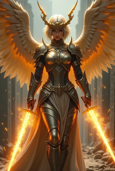 femme ange , cheveux carré plongeant blonds, deux épées enflammé, yeux marron, casque avec des ailes, en armure lourde, jambière armure lourde, ailes dorée