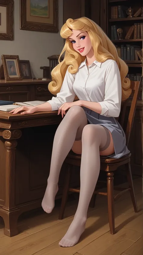 PonyXLV6_Scores ,source_anime, masterpiece,best quality, highly detailed, full body view,BREAK Aurora,1girl, porcelain doll, solo, blonde hair, blue-purple eyes, naughty face, small-medium beautiful feet, loose hair, (Aurora wearing as a sexy teacher, sitt...