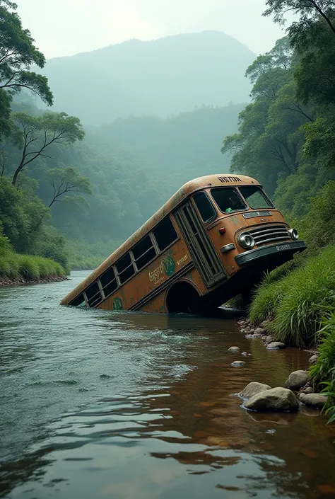 I create an image of a bus from Guatemala that fell from a river