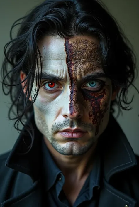  European man with black hair about 35 years old with one red eye and one blue eye,  at the site of the skin from one eye , after a burn, an old overgrown scar covering most of the face 