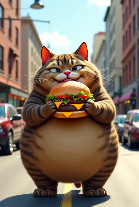 Create an image of a fat brown cat who is walking on the road and  eating a burger 