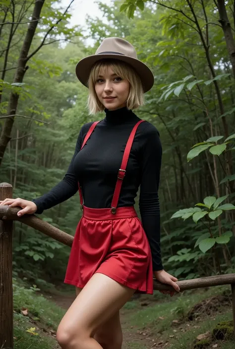 pkmnserena, 1girl, solo, blue eyes, blonde hair, short hair, bangs, hat, grey headwear,
black shirt, turtleneck, sleeveless, red skirt, pleated skirt, black thighhighs,
smile,closed mouth,cowboy shot,sitting,
forest,outdoor,
(insanely detailed, beautiful d...