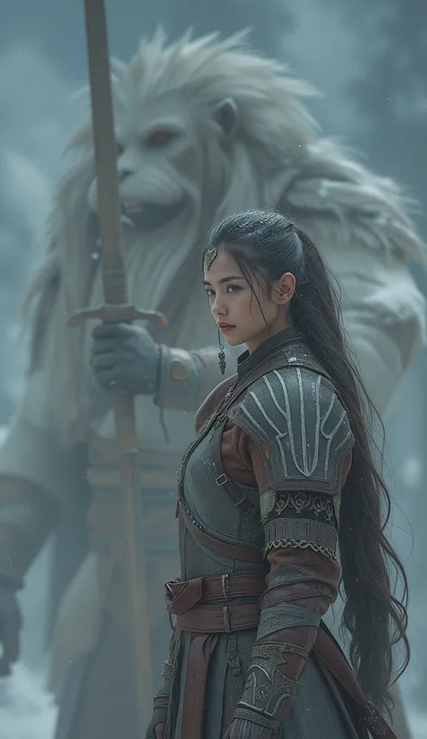 A Mongolian Long ponytail Hairs Young Woman Warrior A A Giant Giant 9 Feet Long Snow Leapord Standing Behind Her , Woman warrior Holding A Sword In Hand Standing In Dynamic Pose , Unreal Beauty, Lather Warrior Outfit With Unique Design, Eye Catching Backgr...