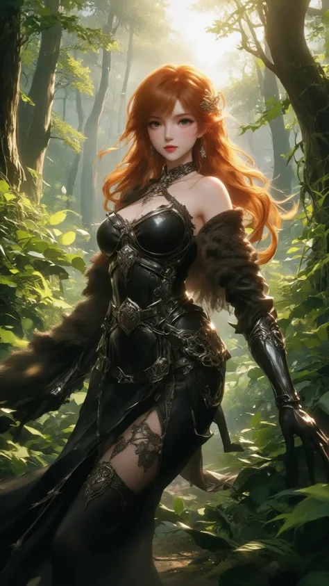 forest,Second Century Woman , Orange Long Hair Flowing , delicate cheeks ，Chest, strong figure, Texture Skin ,  Wearing Sexy Chain Armor Dress,Fur cape,Hands on hips