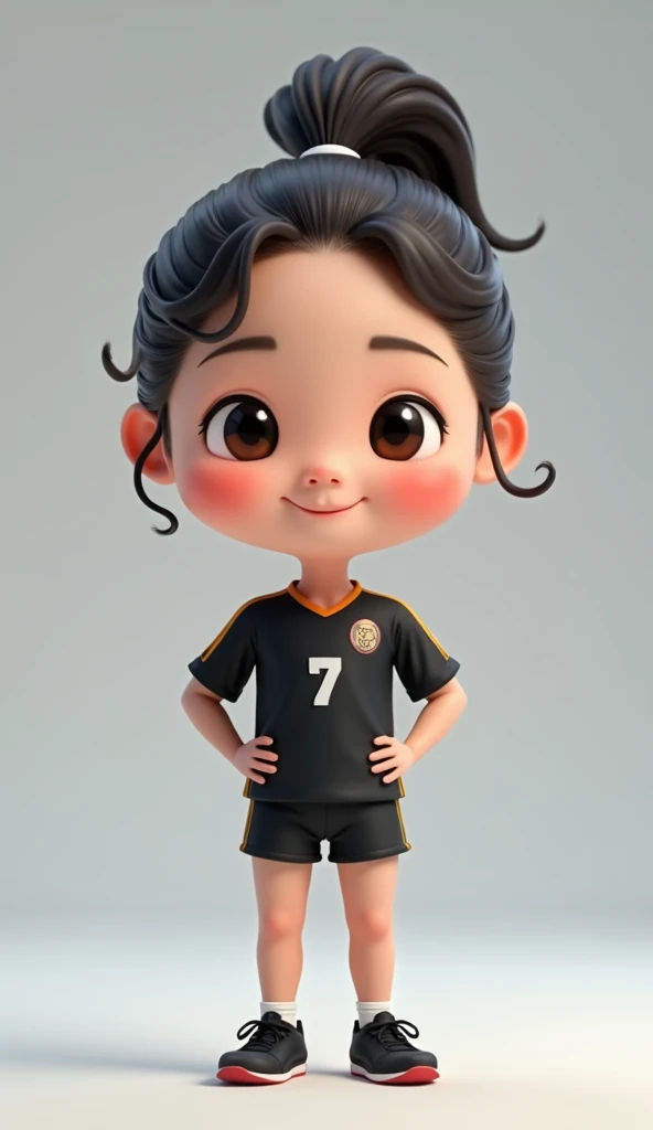 cartoon 4d, Caricature big head, korean woman, pony tail, wearing black 4 VOLLEYBALL shirt, black shoes, standing , gray background 