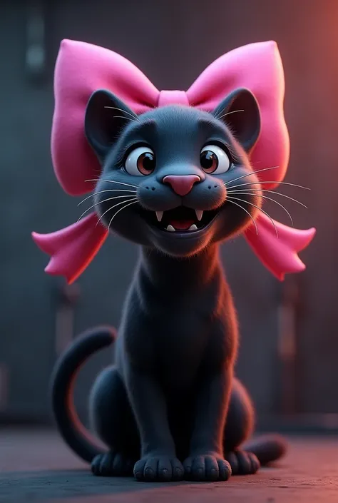 I want you to create an image of a female panther in 3D , cartoon, Let it be tender,  that has a large, pink ribbon on the head tilted to the right, That he is showing the fangs , That their fur is natural and that the background is a machine room in the g...