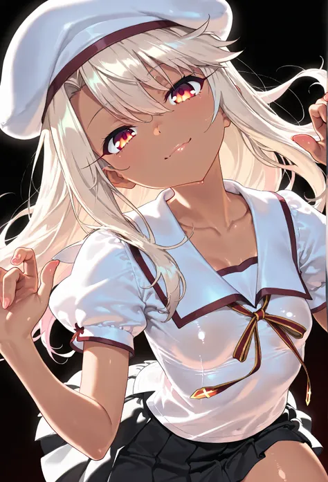 portrait, nsfw, cute girl, illya von einzbern, aaillya, long hair, blonde hair, beret, white headwear, red eyes, school uniform, collarbone, neck ribbon, white shirt, puffy short sleeves, pleated skirt, black skirt, black background, flawless smooth skin, ...