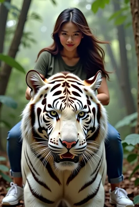 1 beautiful Korean adult woman,senyum,rambut panjang tertiup angin,very beautyfull,.wear a t-shirt,jaket hitam,dan celana panjang.white shoes. riding a giant tiger in the jungle, very big white tiger, tampak depan, facial details.
