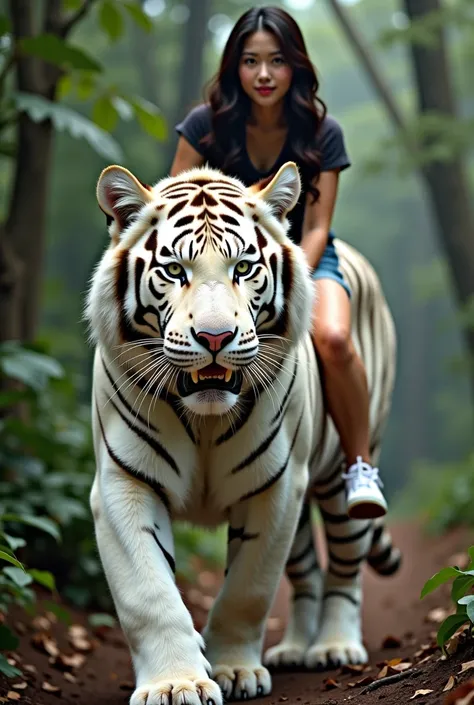 1 beautiful Korean adult woman,senyum,rambut panjang tertiup angin,very beautyfull,.wear a t-shirt,jaket hitam,dan celana panjang.white shoes. riding a giant tiger in the jungle, very big white tiger, tampak depan, facial details.
