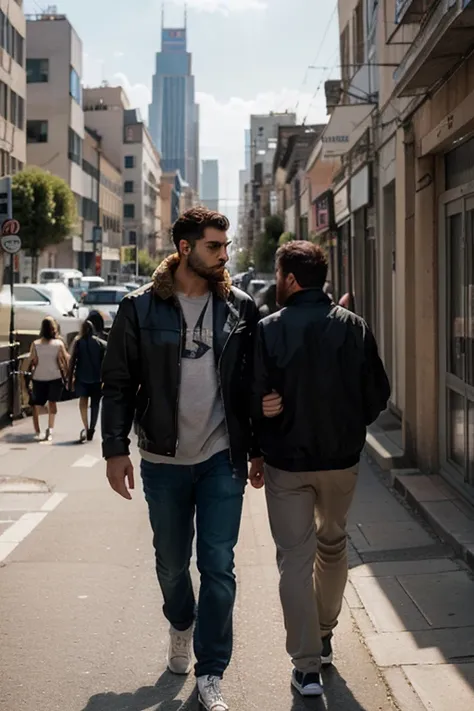 A realistic photograph of a man in a with jacket walking side by side with a super gian lion with thick fur, both walking directly towards the camera in a straight line, with a futuristic city as the backroun.d