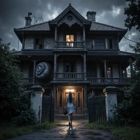 exterior shot of a run down mansion (3 levels, lights off, some windows broken, front door ajar, exterior is nice but weathered and worn, tile roof has minor damage, Higurachi snail shell madness spirals integrated into exterior, one lit room on 3rd floor ...