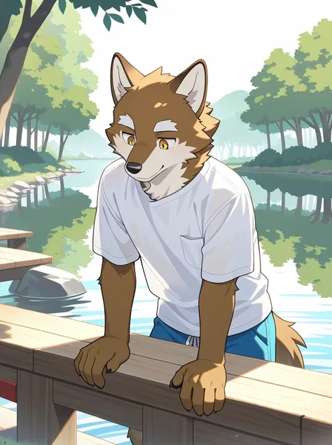 male, furry, 1boy, solo, wolf, white countershading, handsome, white eyebrows, summer clothes, looking down, wade, a lake BREAK high res, best quality, 8k, fancy, clear detail, distant view